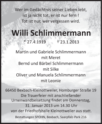 Traueranzeige von Willi Schlimmermann von saarbruecker_zeitung