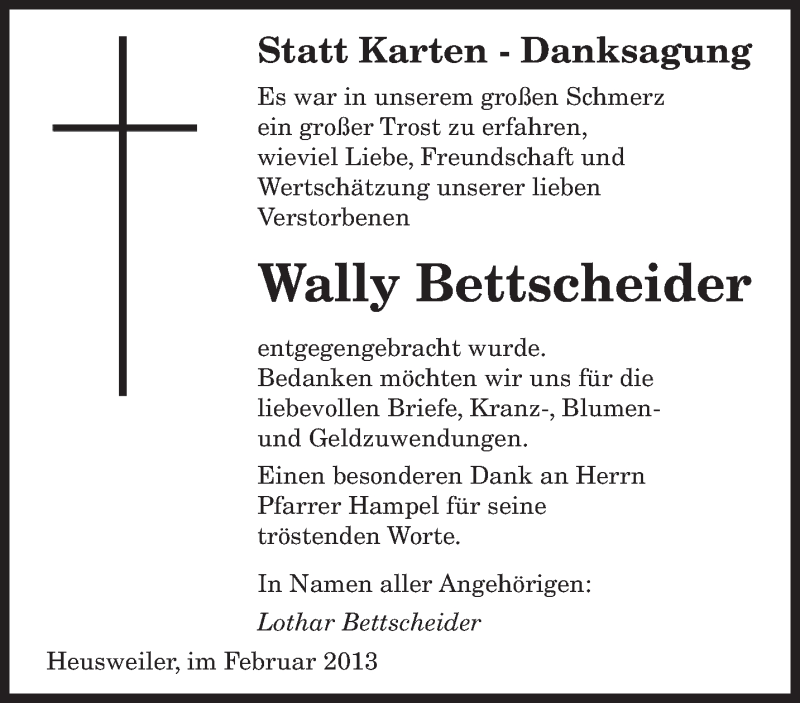  Traueranzeige für Wally Bettscheider vom 02.02.2013 aus saarbruecker_zeitung
