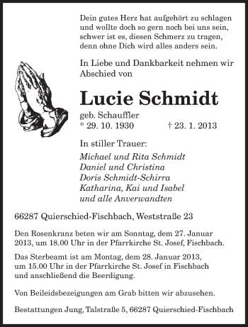 Traueranzeige von Lucie Schmidt von saarbruecker_zeitung