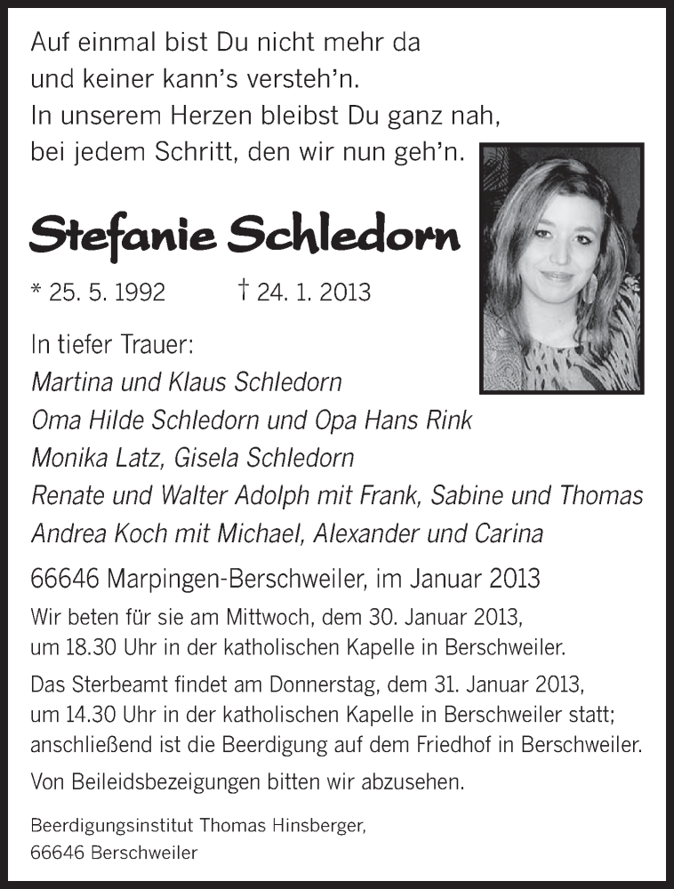  Traueranzeige für Stefanie Schledorn vom 29.01.2013 aus saarbruecker_zeitung