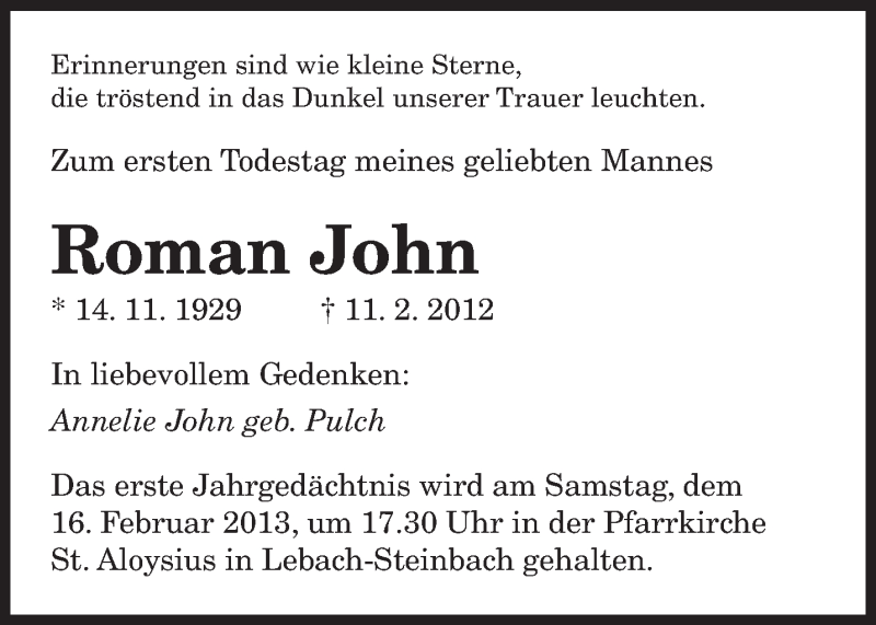  Traueranzeige für Roman John vom 11.02.2013 aus saarbruecker_zeitung