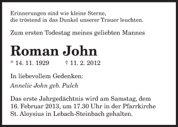 Traueranzeige von Roman John von saarbruecker_zeitung