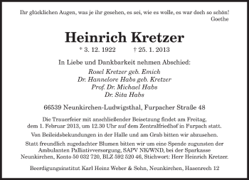 Traueranzeige von Heinrich Kretzer von saarbruecker_zeitung