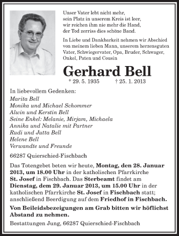 Traueranzeige von Gerhard Bell von saarbruecker_zeitung