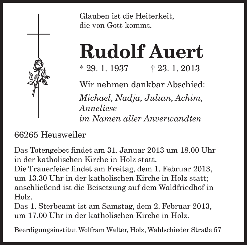  Traueranzeige für Rudolf Auert vom 28.01.2013 aus saarbruecker_zeitung