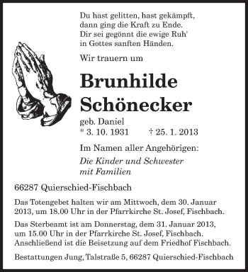 Traueranzeige von Brunhilde Schönecker von saarbruecker_zeitung