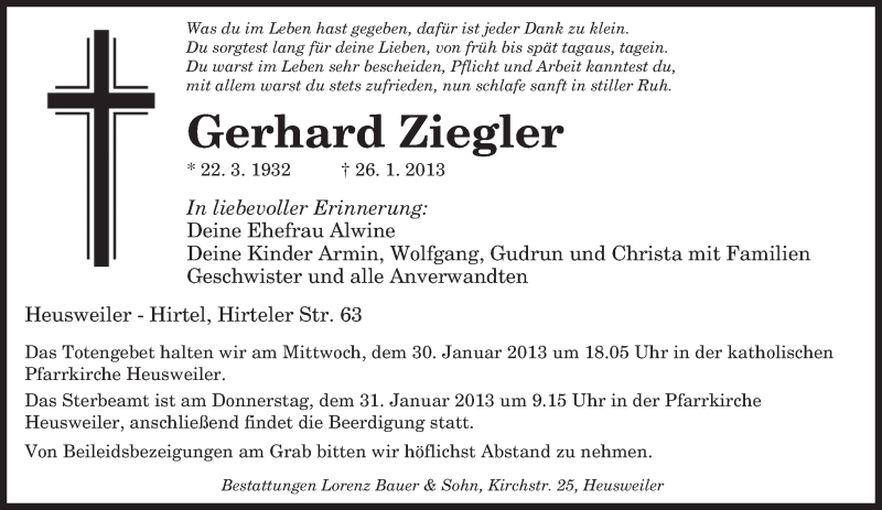  Traueranzeige für Gerhard Ziegler vom 28.01.2013 aus saarbruecker_zeitung