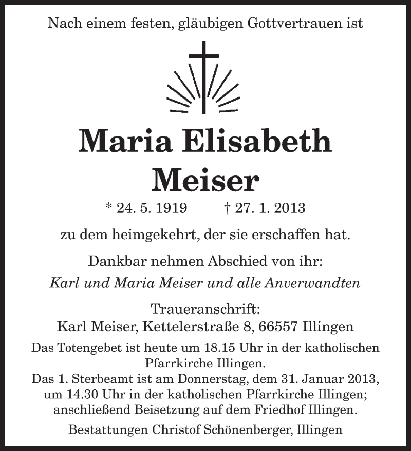 Traueranzeige für Maria Elisabeth Meiser vom 30.01.2013 aus saarbruecker_zeitung
