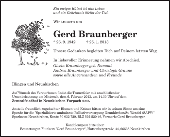 Traueranzeige von Gerd Braunberger von saarbruecker_zeitung