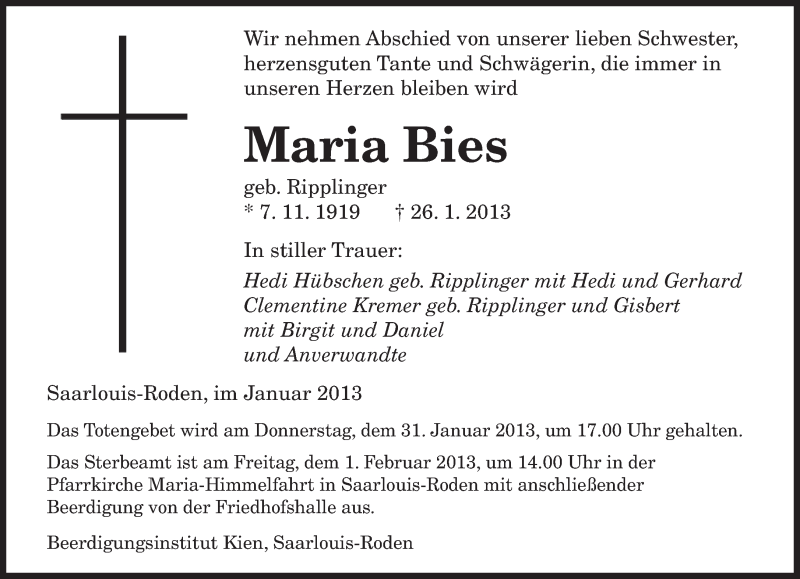  Traueranzeige für Maria Bies vom 30.01.2013 aus saarbruecker_zeitung