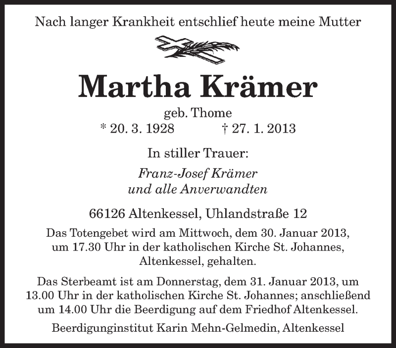  Traueranzeige für Martha Krämer vom 30.01.2013 aus saarbruecker_zeitung