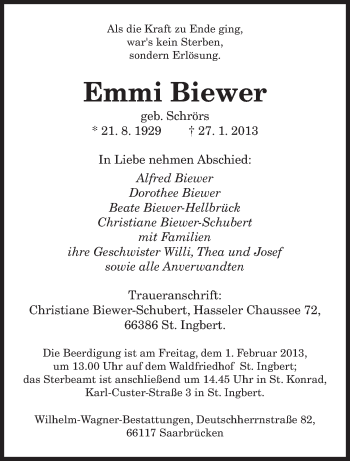 Traueranzeige von Emmi Biewer von saarbruecker_zeitung