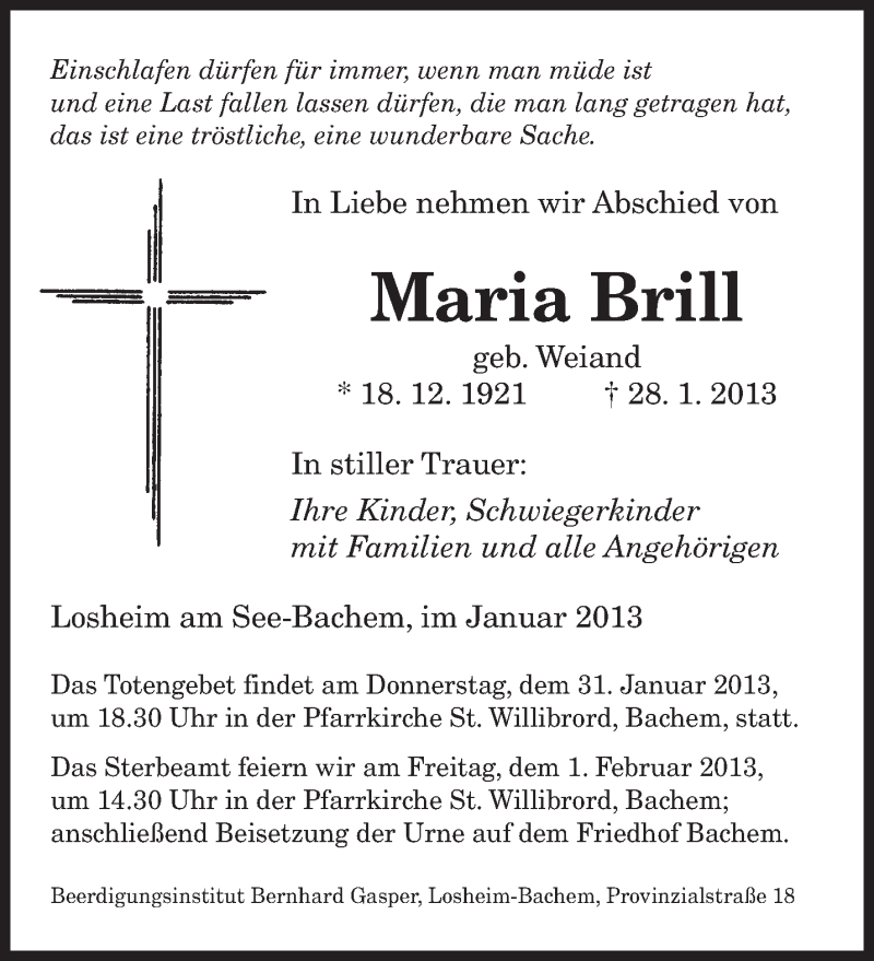  Traueranzeige für Maria Brill vom 30.01.2013 aus saarbruecker_zeitung