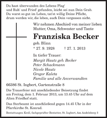 Traueranzeige von Franziska Becker von saarbruecker_zeitung