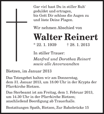 Traueranzeige von Walter Reinert von saarbruecker_zeitung