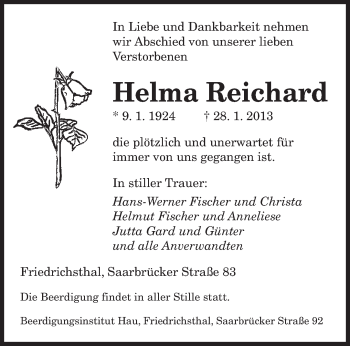 Traueranzeige von Helma Reichard von saarbruecker_zeitung