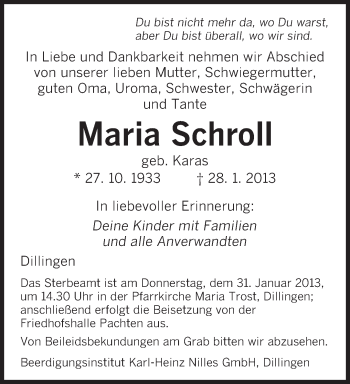 Traueranzeige von Maria Scholl von saarbruecker_zeitung