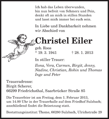 Traueranzeige von Christel Eiler von saarbruecker_zeitung