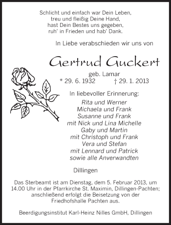 Traueranzeige von Gertrud Guckert von saarbruecker_zeitung