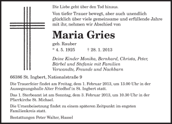Traueranzeige von Maria Gries von saarbruecker_zeitung