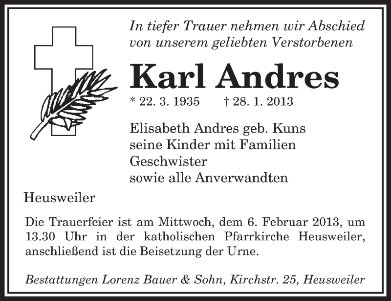  Traueranzeige für Karl Andres vom 02.02.2013 aus saarbruecker_zeitung