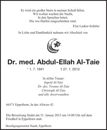 Traueranzeige von Abdul-Ellah Al-Taie von saarbruecker_zeitung