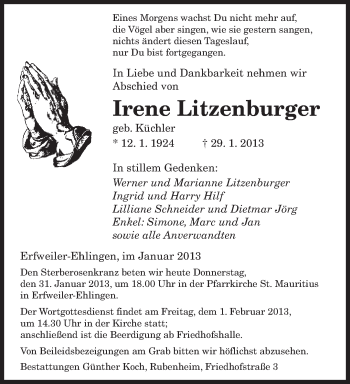 Traueranzeige von Irene Litzenburger von saarbruecker_zeitung
