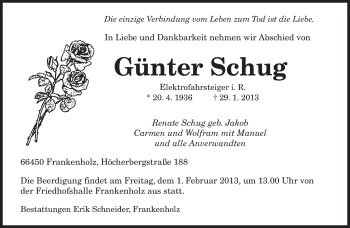 Traueranzeige von Günter Schug von saarbruecker_zeitung