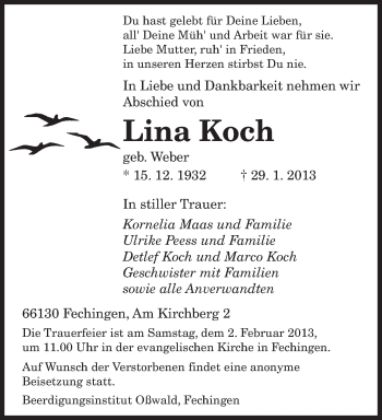 Traueranzeige von Lina Koch von saarbruecker_zeitung