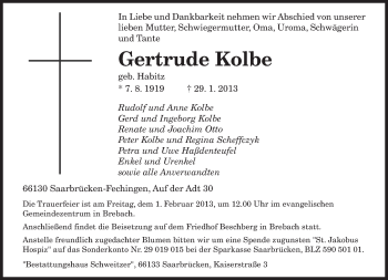 Traueranzeige von Gertrude Kolbe von saarbruecker_zeitung