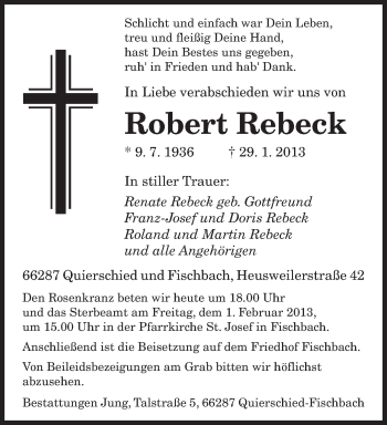 Traueranzeige von Robert Rebeck von saarbruecker_zeitung