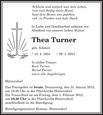 Traueranzeige von Thea Turner von saarbruecker_zeitung