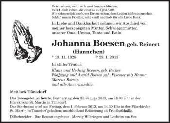 Traueranzeige von Johanna Boesen von saarbruecker_zeitung