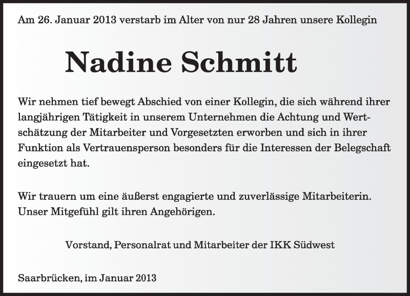  Traueranzeige für Nadine Schmitt vom 01.02.2013 aus saarbruecker_zeitung