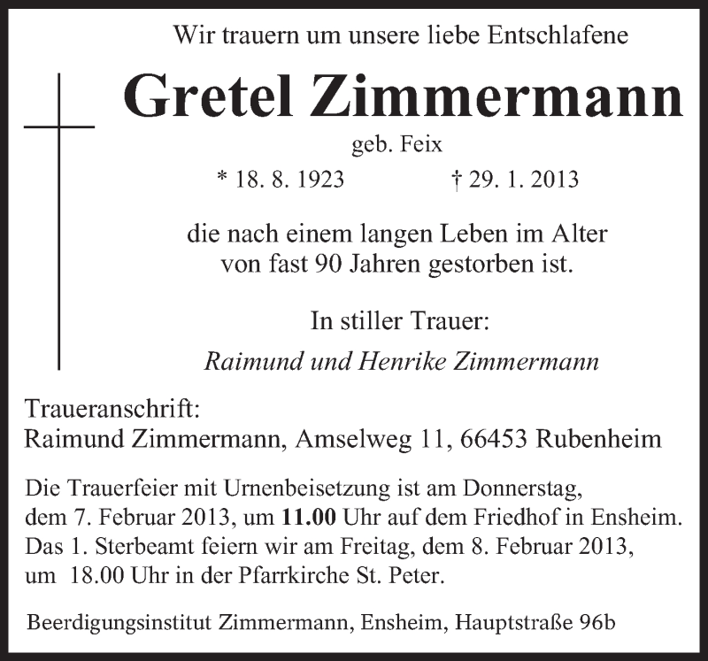  Traueranzeige für Gretel Zimmermann vom 04.02.2013 aus saarbruecker_zeitung