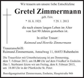 Traueranzeige von Gretel Zimmermann von saarbruecker_zeitung