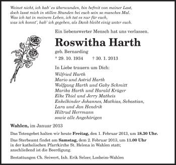 Traueranzeige von Roswitha Harth von saarbruecker_zeitung