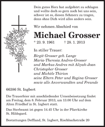 Traueranzeige von Michael Grosser von saarbruecker_zeitung