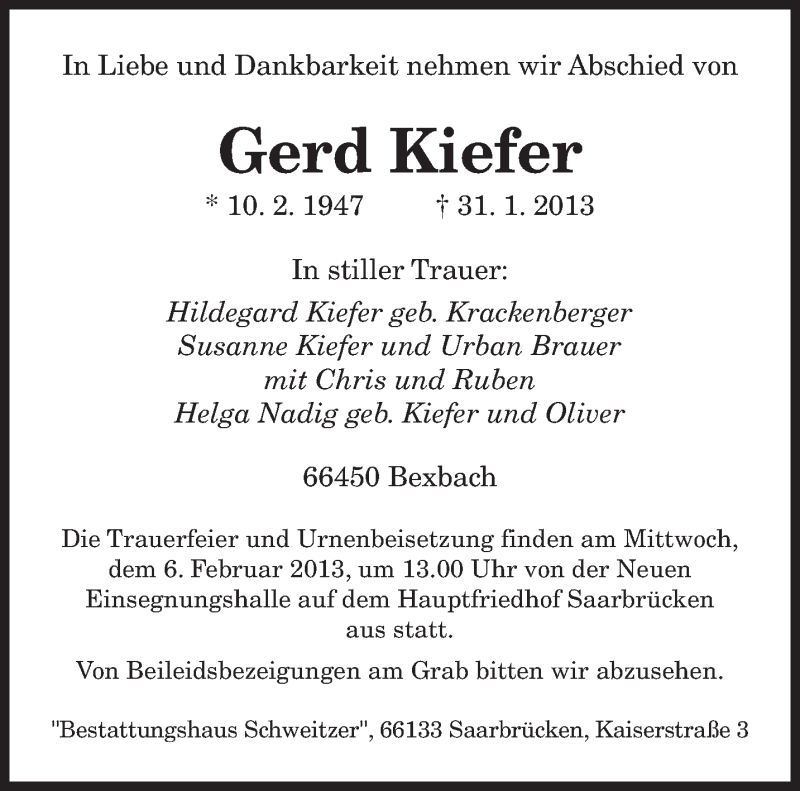  Traueranzeige für Gerd Kiefer vom 02.02.2013 aus saarbruecker_zeitung