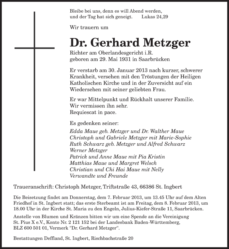  Traueranzeige für Gerhard Metzger vom 02.02.2013 aus saarbruecker_zeitung