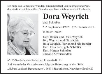 Traueranzeige von Dora Weyrich von saarbruecker_zeitung