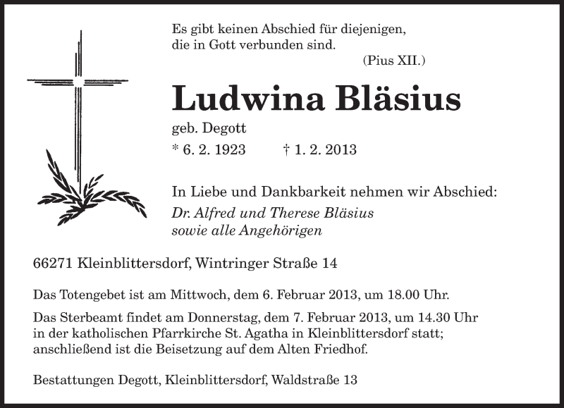  Traueranzeige für Ludwina Bläsius vom 04.02.2013 aus saarbruecker_zeitung