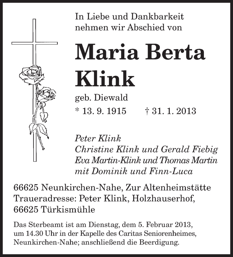  Traueranzeige für Maria Berta Klink vom 04.02.2013 aus saarbruecker_zeitung