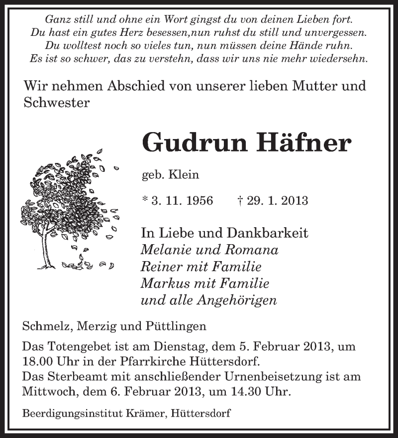  Traueranzeige für Gudrun Häfner vom 04.02.2013 aus saarbruecker_zeitung