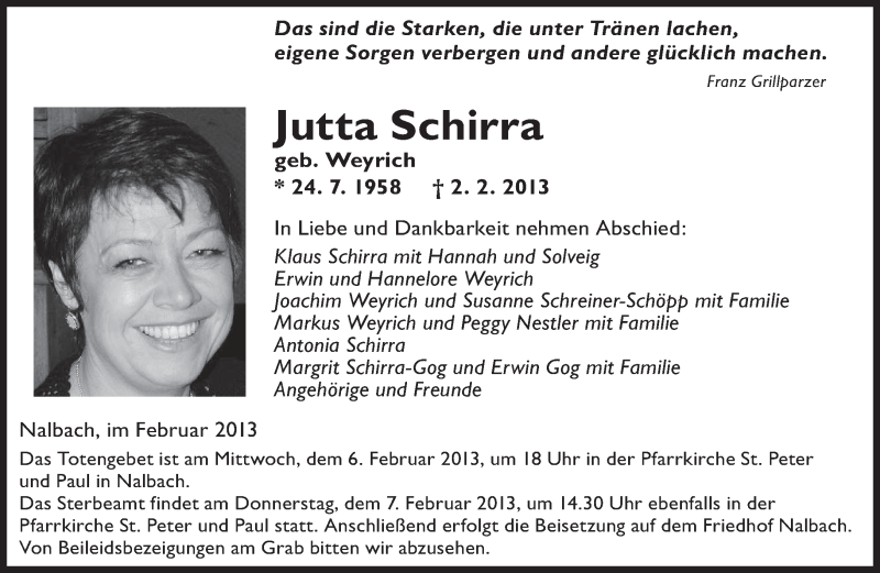  Traueranzeige für Jutta Schirra vom 05.02.2013 aus saarbruecker_zeitung