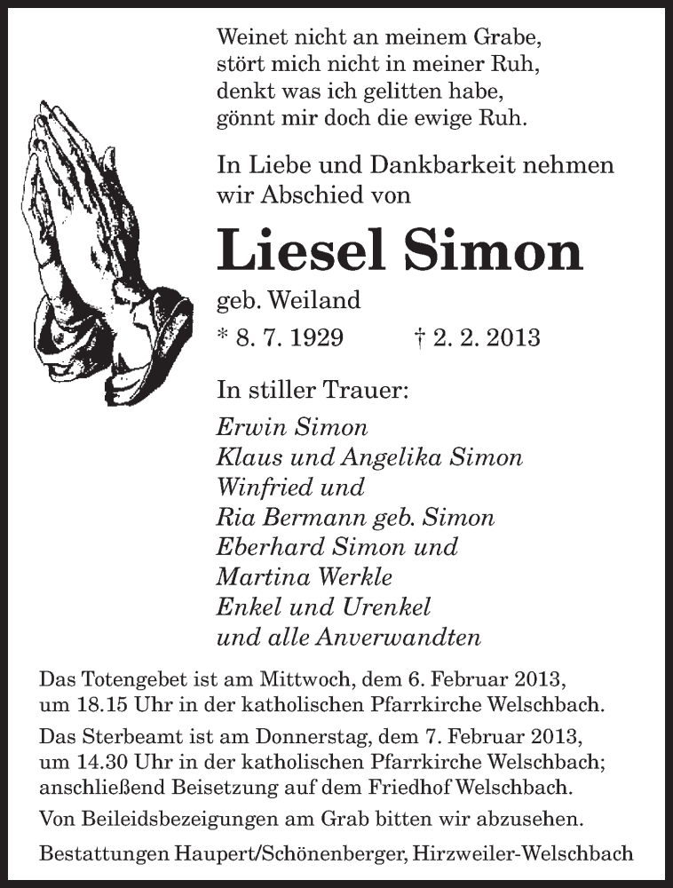 Traueranzeige für Liesel Simon vom 05.02.2013 aus saarbruecker_zeitung