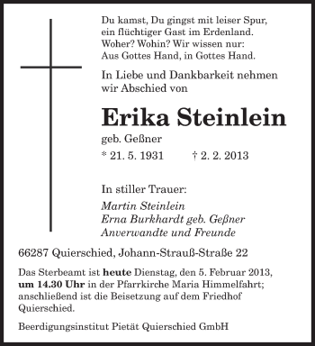 Traueranzeige von Erika Steinlein von saarbruecker_zeitung