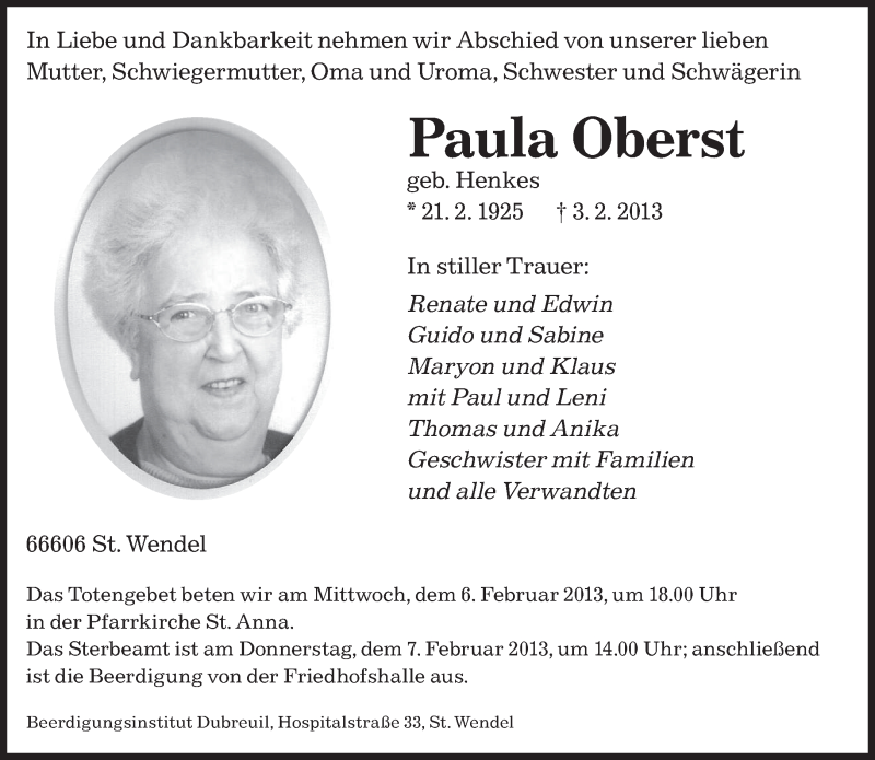  Traueranzeige für Paula Oberst vom 05.02.2013 aus saarbruecker_zeitung