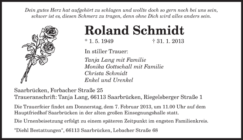  Traueranzeige für Roland Schmidt vom 05.02.2013 aus saarbruecker_zeitung
