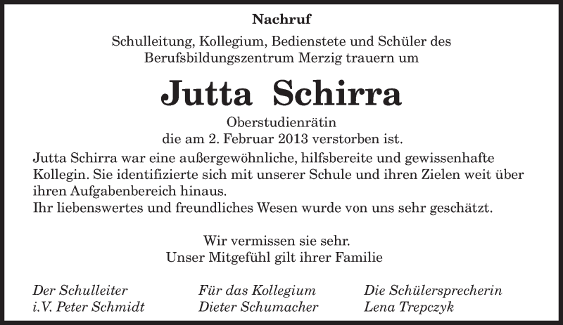  Traueranzeige für Jutta Schirra vom 09.02.2013 aus saarbruecker_zeitung